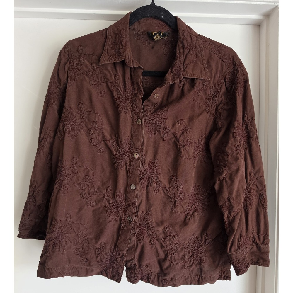 Vintage D.T. Collection Blouse 12 Long Sleeve Brown Floral Embroidery Silk Blend